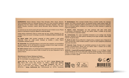 Back of the 310g box of Aesop Refresh Body Cleansing Slab displaying ingredients and manufacturing information